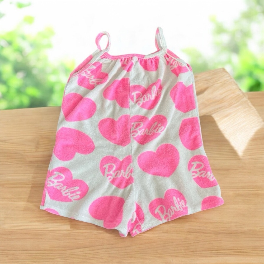ZARA BARBIE Terry Cloth W/ Pink Hearts Summer Romper Shorts Girls Size 1 1/2 Y
